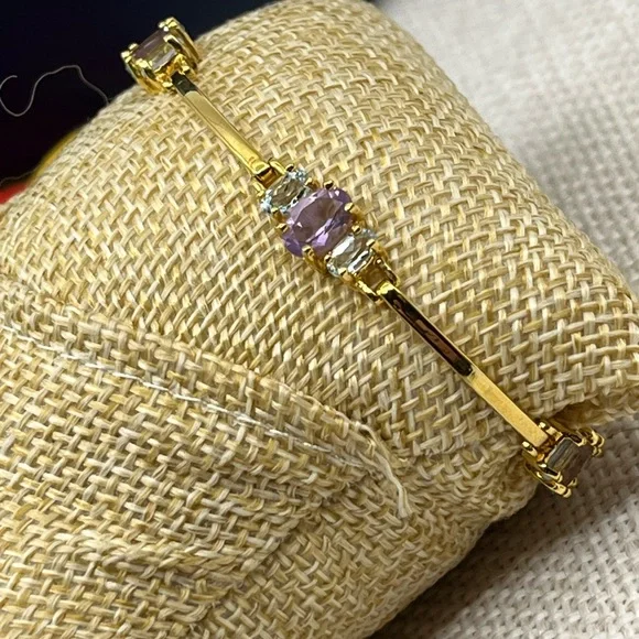 Vintage Gold-Over-Sterling Purple Gemstone Bracelet - 7” Stamped OBJ 925 - Picture 5 of 17